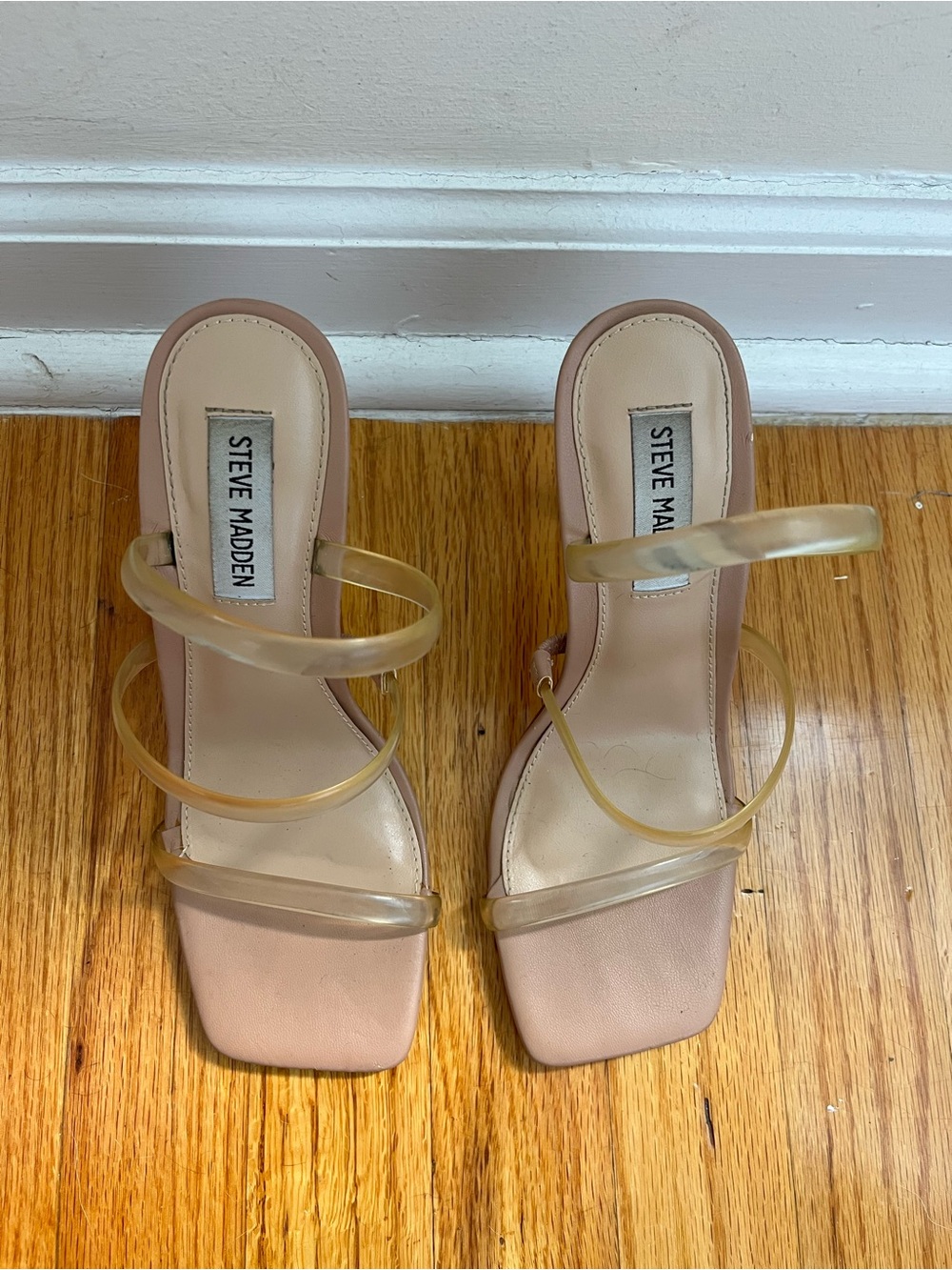 Steve Madden Clear-Strap Nude Square-Toe Heels